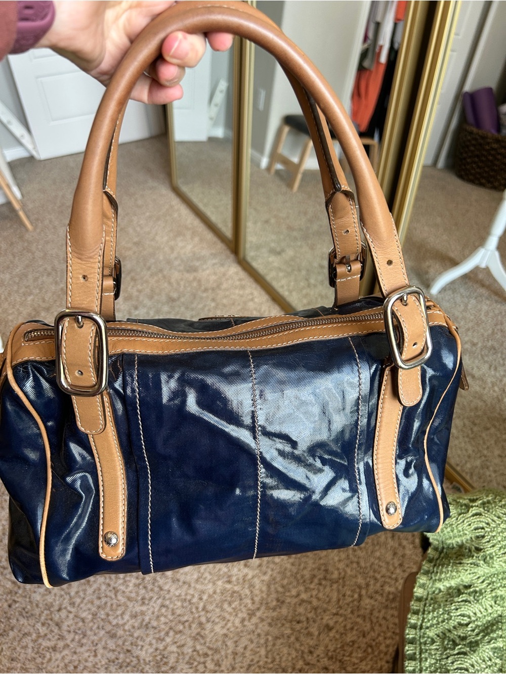 TOD’S Navy Patent Coated Canvas Satchel with Brown Leather Trim - Picture 15 of 16